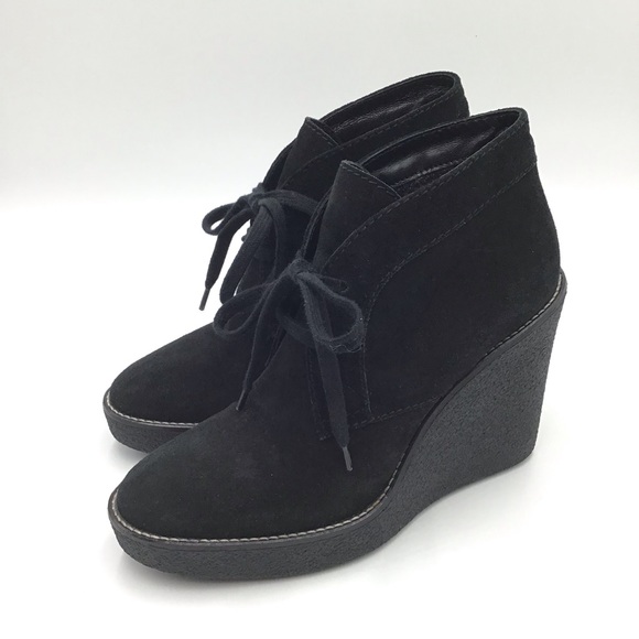 Aquatalia Vianna size 5.5 black wedge boot suede lace up Italy Flaw - Picture 2 of 9